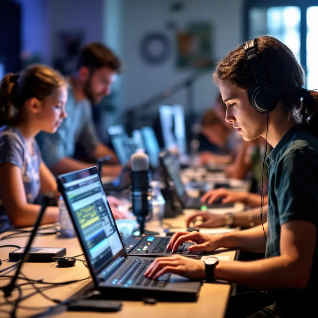 Young creators exploring music production on laptops