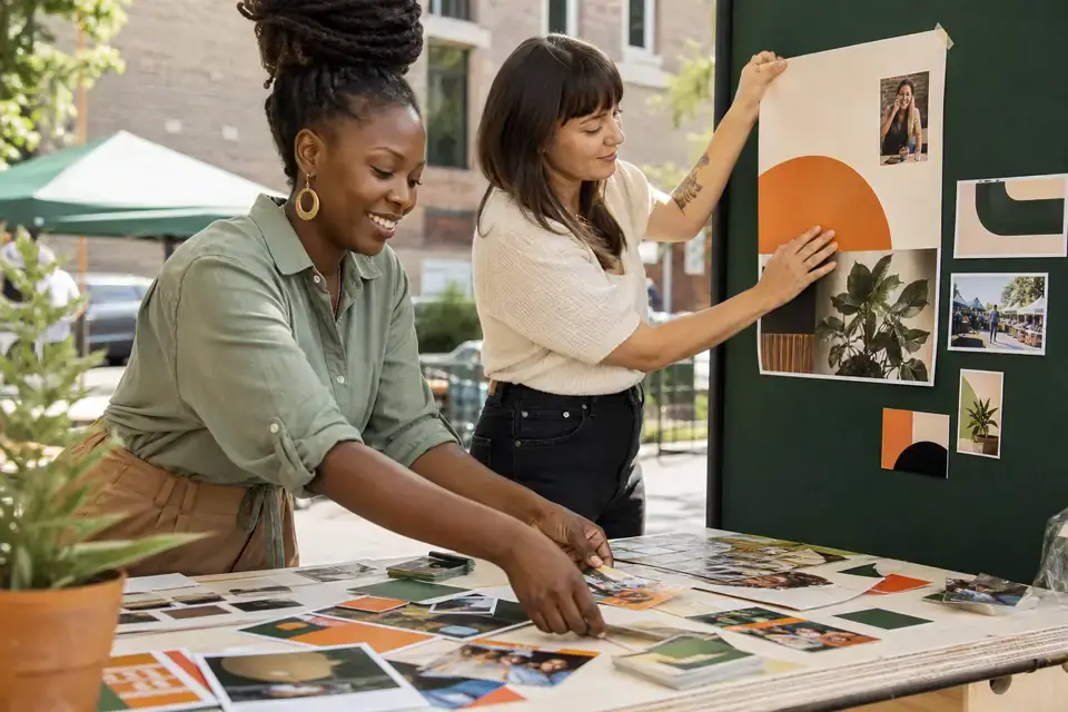 Two business owners preparing visual materials for a community event