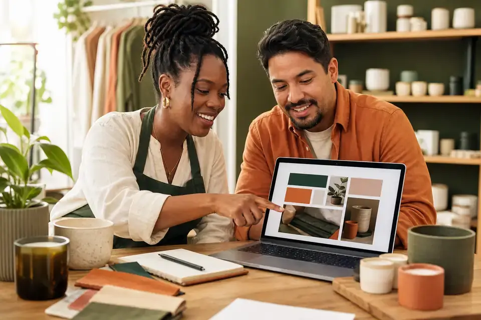 Two small business owners reviewing a clear website design together